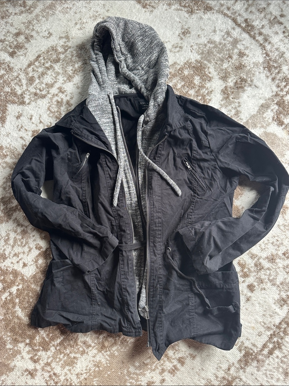 Love Tree Black Utility Jacket with Gray Hooded Knit Liner